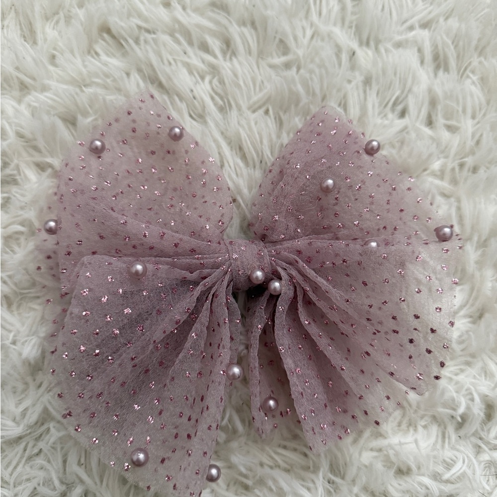 Pink Mesh Bow Hair Clip with Pearls & Glitter Dots